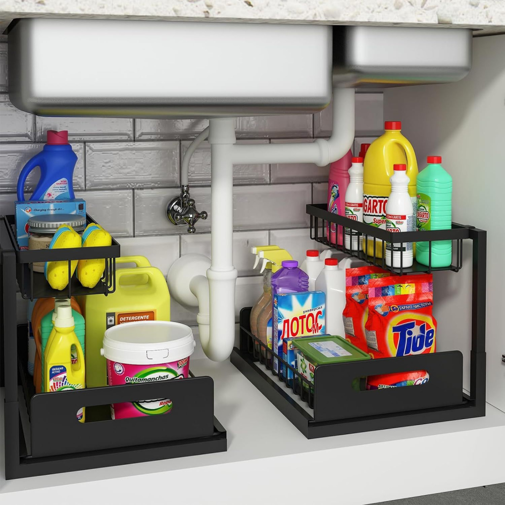  REALINN Under Sink Organizer and Storage, 2 Pack Pull Out Cabinet Organizer Slide Out Sink Shelf Cabinet Storage Shelves, Under Sink Storage for Kitchen Bathroom Cabinet 