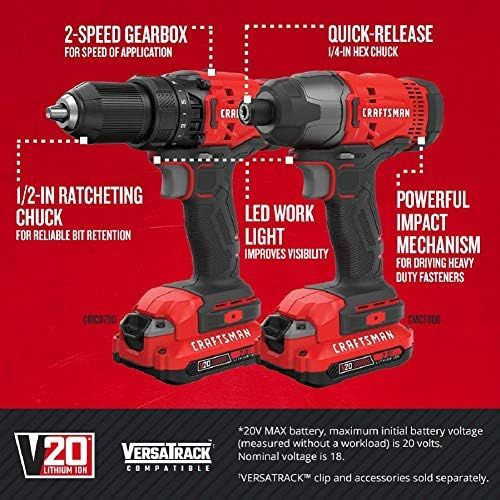 CRAFTSMAN V20 MAX Cordless Drill and Impact Driver, Power Tool Combo Kit with 2 Batteries and Charger