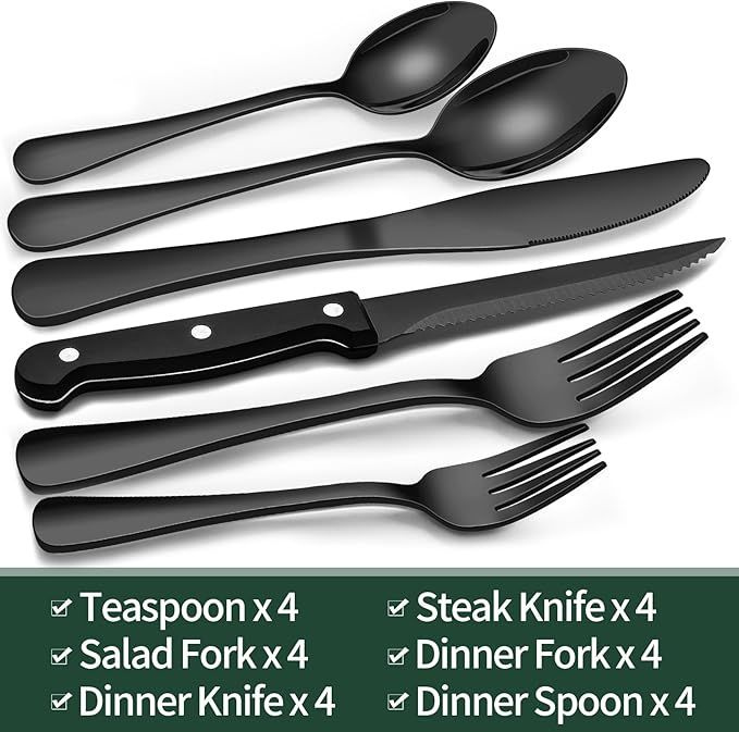 24-Piece Black Silverware Set with Steak Knives, Black Flatware Set for 4