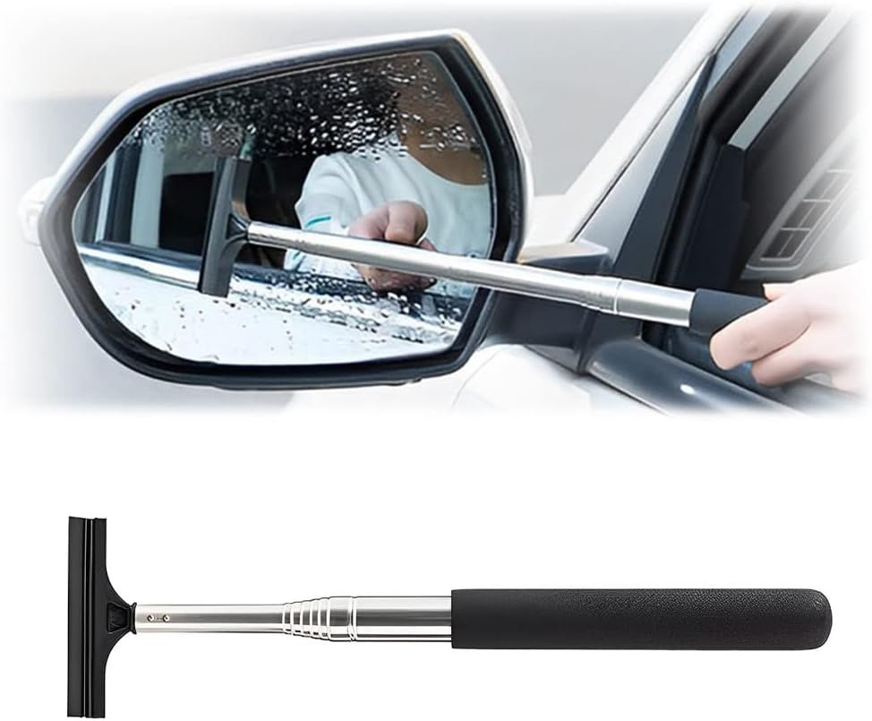 Car Rearview Mirror Wiper, Retractable Auto Glass Squeegee, Water Cleaner with Telescopic Long Rod, Portable Cleaning Tool for All Vehicles, Universal Automotive Accessories (Black) 